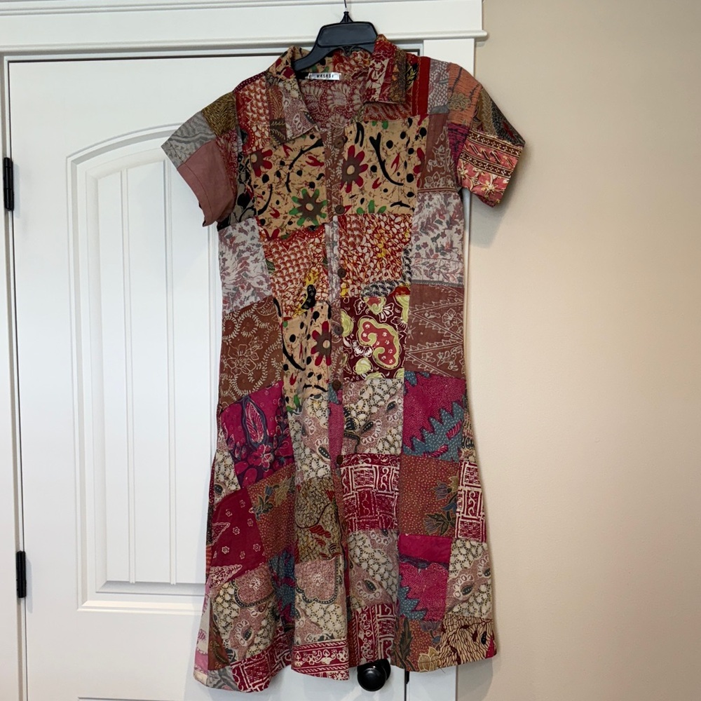 Boho Patchwork Mini Dress in Red and Brown-42.5” length 38” width